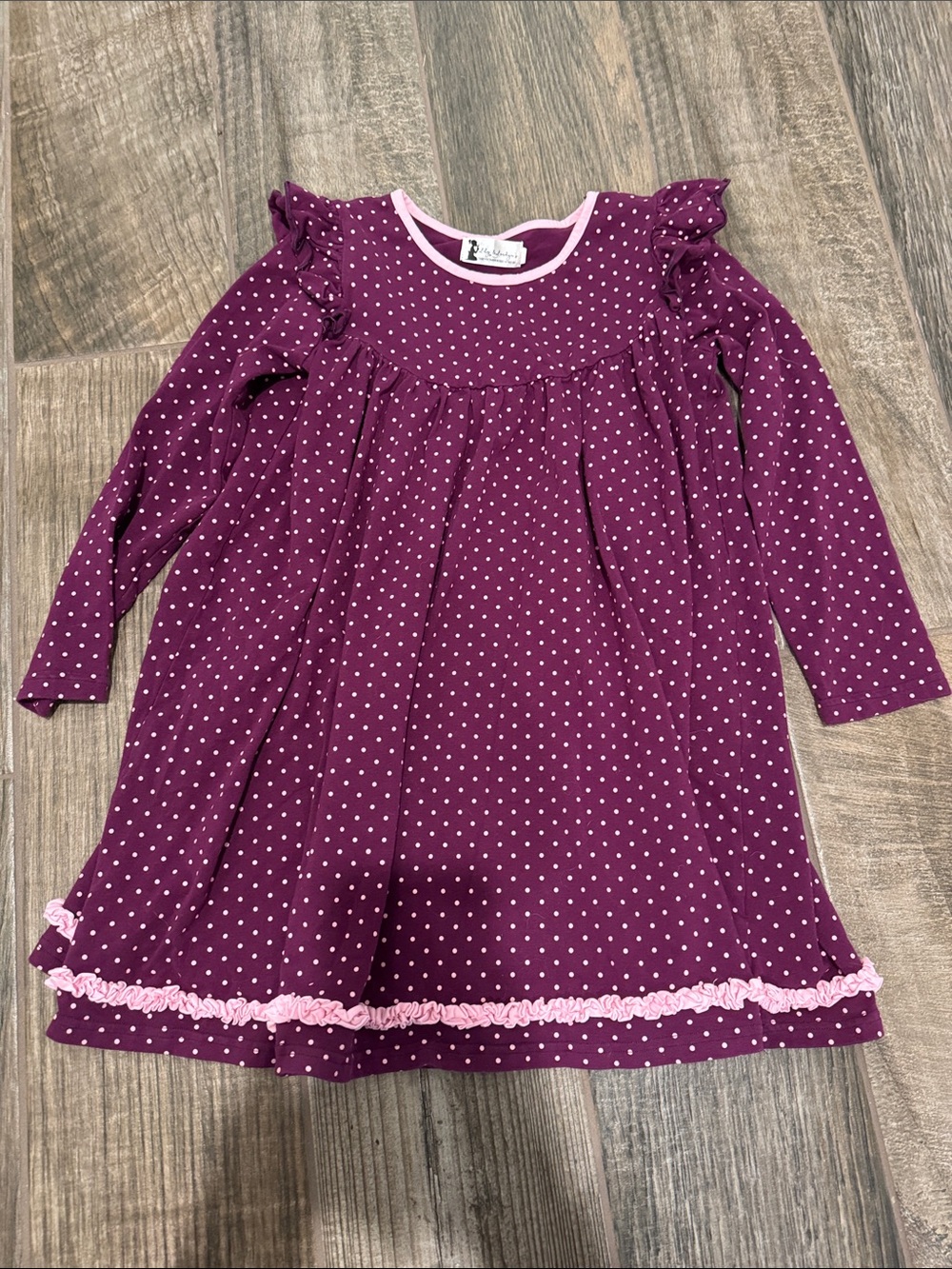 Lily & Londyn Polka Dot Purple Long Sleeve Dress with Pink Trim - size 10